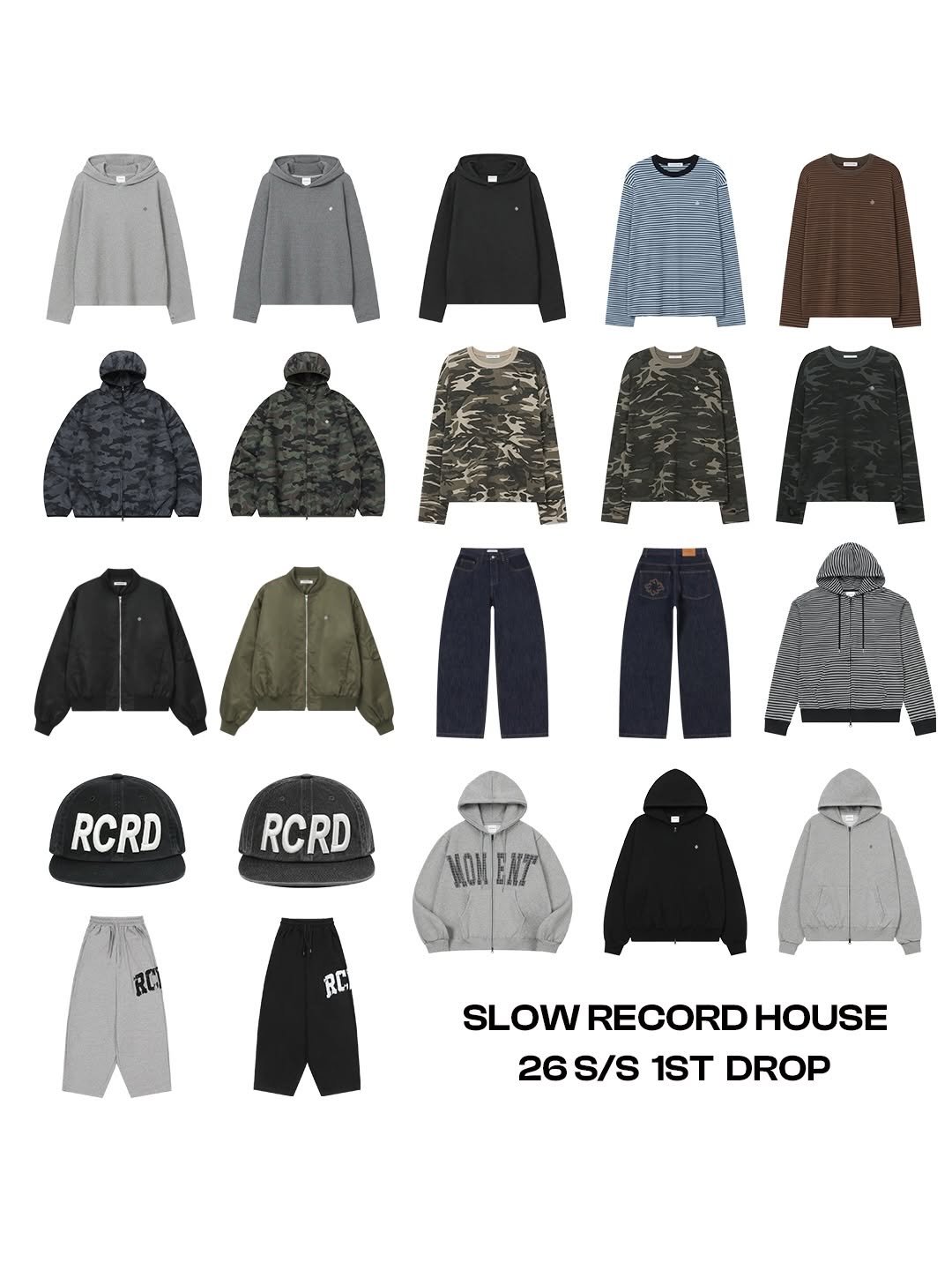 Photo by SLOW RECORD HOUSE | 슬로우 레코드 하우스 on February 19, 2026. May be an image of hat, sweatpants, sweater, fleece, sweatshirt and text that says 'ፊሐልስ AΑΑ አብ n በ RCRD RCRD MOWENT OИ RC RC SLOW RECORD HOUSE 26 26S/S S/S 1ST DROP'.