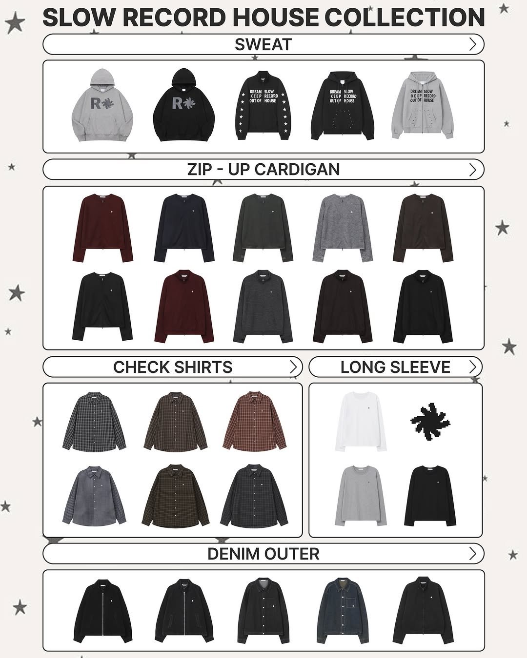 Photo by SLOW RECORD HOUSE | 슬로우 레코드 하우스 on December 13, 2025. May be an image of record and text that says 'SLOW RECORD HOUSE COLLECTION SWEAT R* NNAM r ZIP UP CARDIGAN AAA ΑΛΑΛΑ CHECKSHIRTS CHECK SHIRTS > LONGSLEEVE LONG SLEEVE DENIM OUTER'.