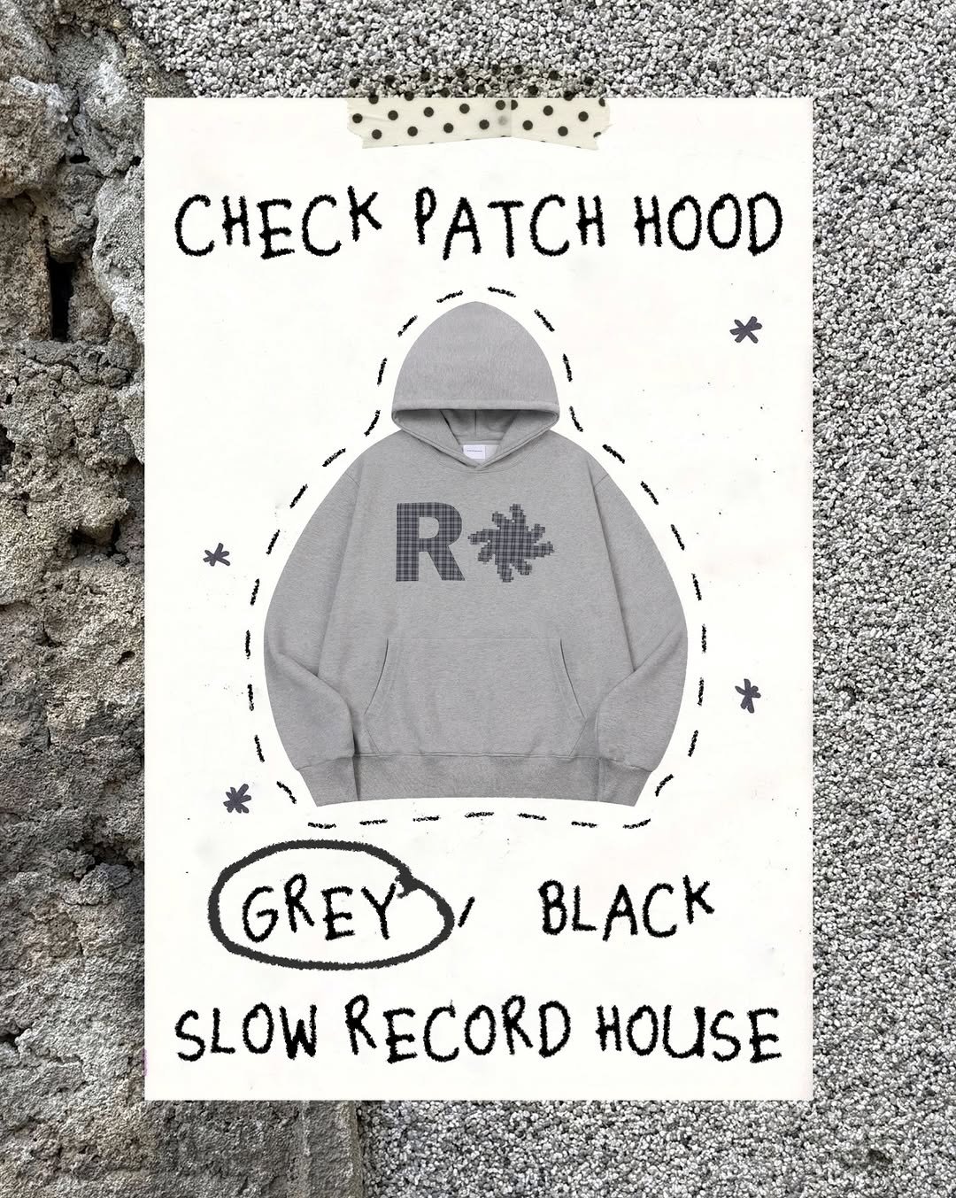 Photo by SLOW RECORD HOUSE | 슬로우 레코드 하우스 on December 02, 2025. May be an image of sweatshirt and text that says 'CHECK PATCH HOOD RA R W GREY BLACK SLOW RECORD HOUSE'.