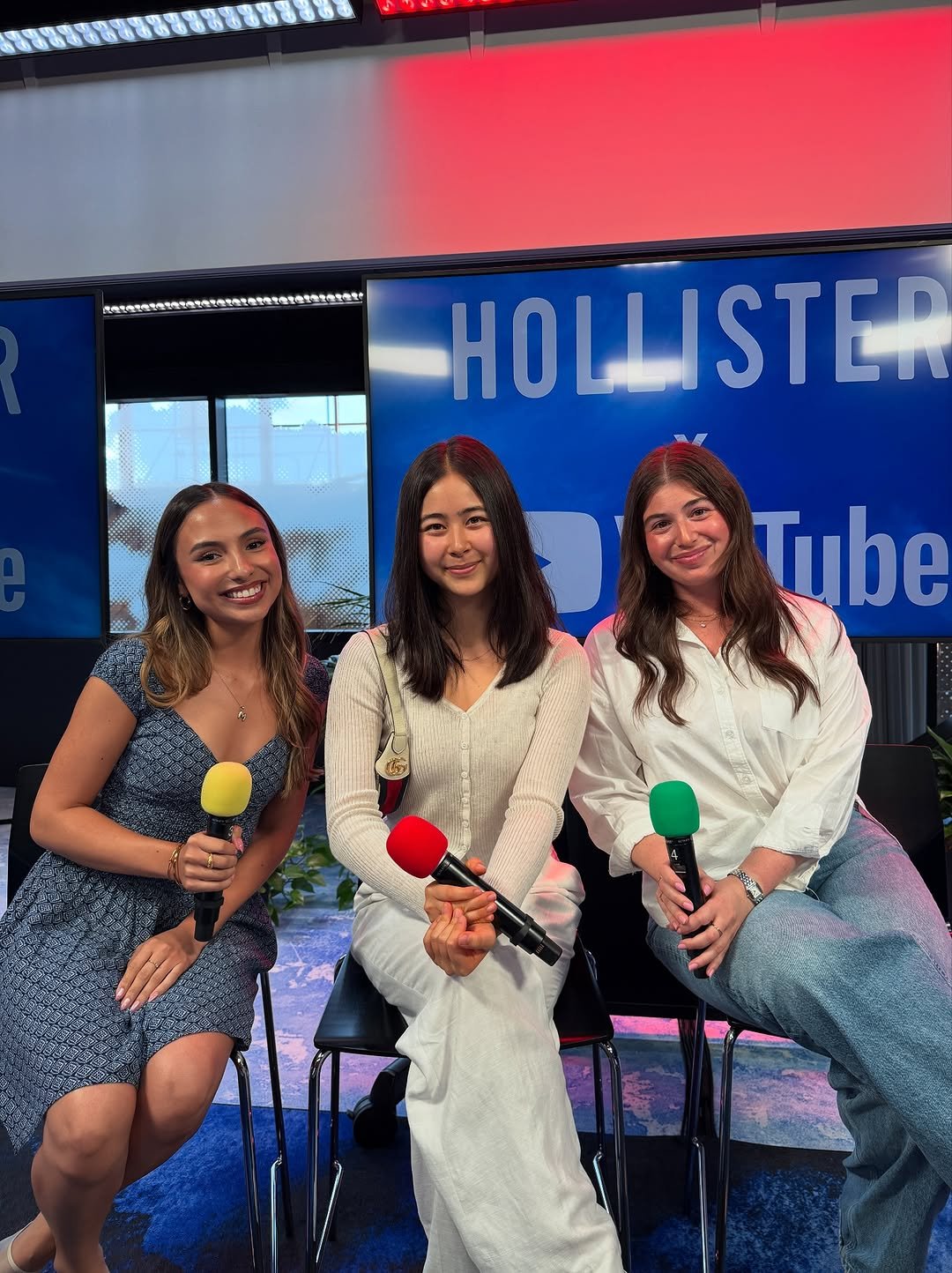 Photo shared by Sofi Manassyan on August 14, 2025 tagging @youtube, @hollister, and @youtubecreators. May be an image of 3 people, microphone and text.