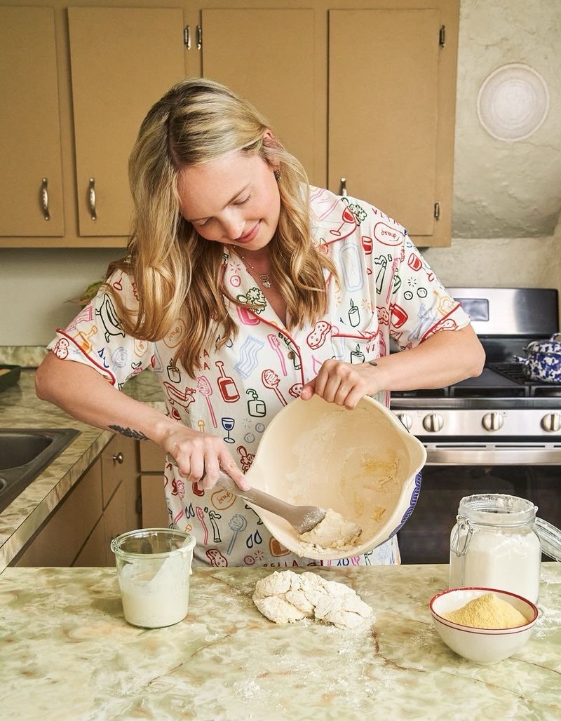 Photo shared by Skylar Sokolowski on April 16, 2026 tagging @bunniesaporetti. May be an image of crumbcake, crumpet, apron, spatula, pancake and text.