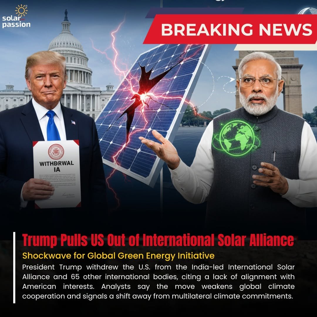 Photo by Solar Is My Passion | Mentor | Content Creator on January 08, 2026. May be a Twitter screenshot of ‎text that says '‎solar passion ירנת BREAKING NEWS WITHDRWAL IA IA Trump Pulls US Out of International Solar Alliance Shockwave for Global Green Energy Initiative President Trump withdrew the U.S. from the India led International Solar Alliance and 65 other international bodies, citing lack of alignment with American interests. Analysts say the move weakens global climate cooperation and signals α shift away from multilateral climate commitments.‎'‎.