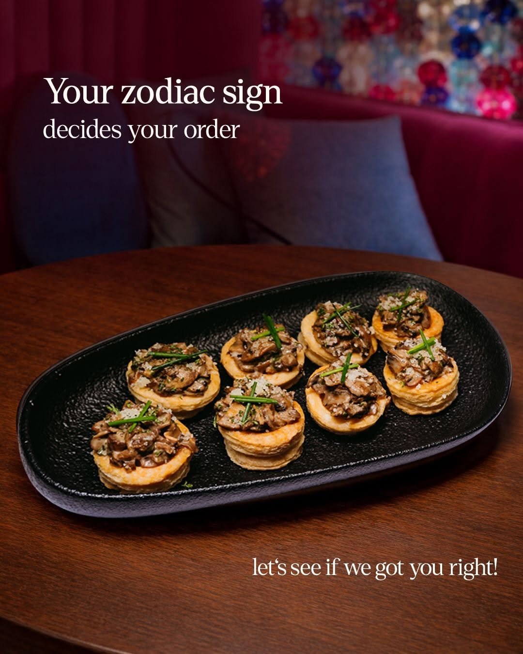 Photo by Someplace Else, Mumbai on April 17, 2026. May be an image of vegetable, toast and text that says 'Your zodiac sign decides your order ဗြဗမ့ letssecifwegotyouright! let'sse let's see if we got you right!'.