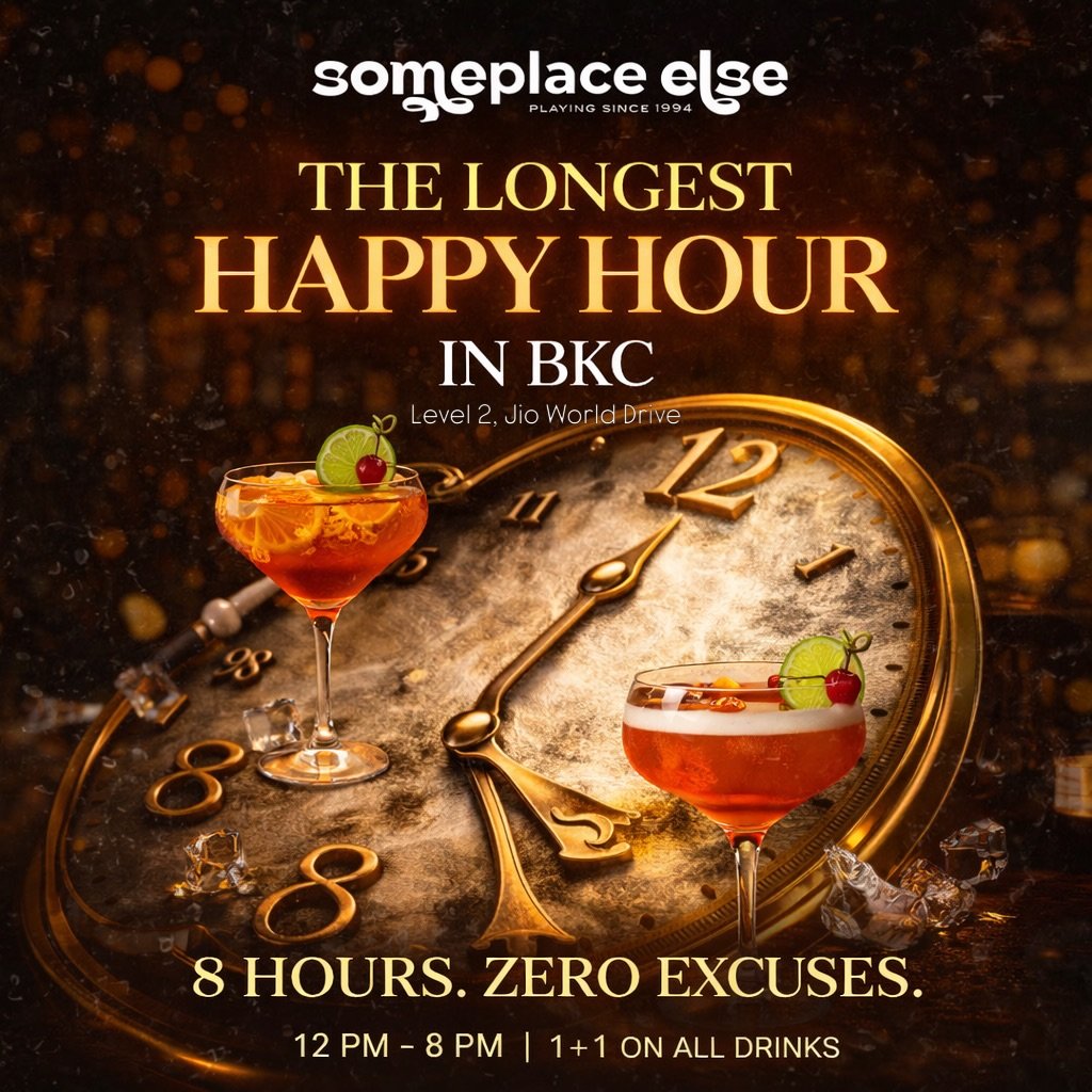 Photo by Someplace Else, Mumbai in Someplace Else, Mumbai with @jioworlddrive. May be an image of ‎alcohol and ‎text that says '‎someplace PLAYING SINCE 994 else THE LONGEST APPY HOUR IN BKC Level evel2,JioWorldDrive 2 2. وفے 2 IO Wor ld d Drive 12 8 HOURS. ZERO EXCUSES. 12PM-8PM PM 12 1+1 ON ALL DRINKS‎'‎‎.