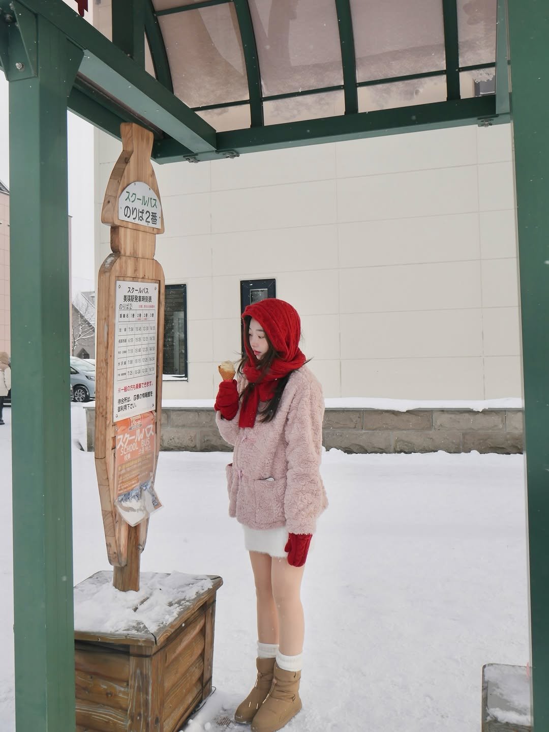 Photo by 송자영 SONG JA YOUNG on December 08, 2025. May be an image of standing, duffle coat, overcoat, raincoat, cloak, turtleneck, parka, snowsuit, face mask, snow and text.