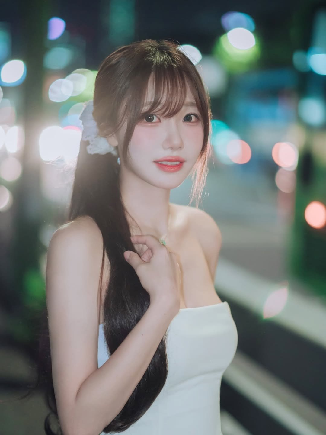 Photo shared by 수련 on September 03, 2025 tagging @_jbright__. May be an image of 1 person, hair, makeup, dress, outdoors and text.