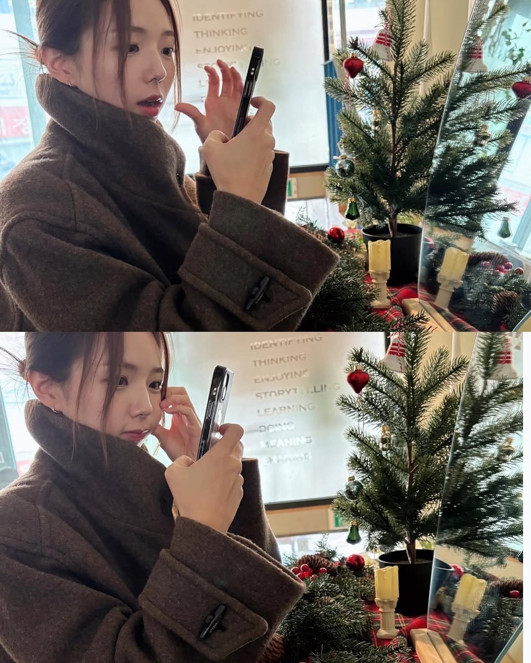 Photo by 채수빈 on November 29, 2025. May be an image of one or more people, hair, lipstick, duffle coat, overcoat, christmas tree, clarinet, parka, cigarette and text that says 'TIT ING THINKING ENJOYING N OY IDENTIR ING THINKING ENJUYING STORYT LIT LEARNING DCING MEANINS HANG'.