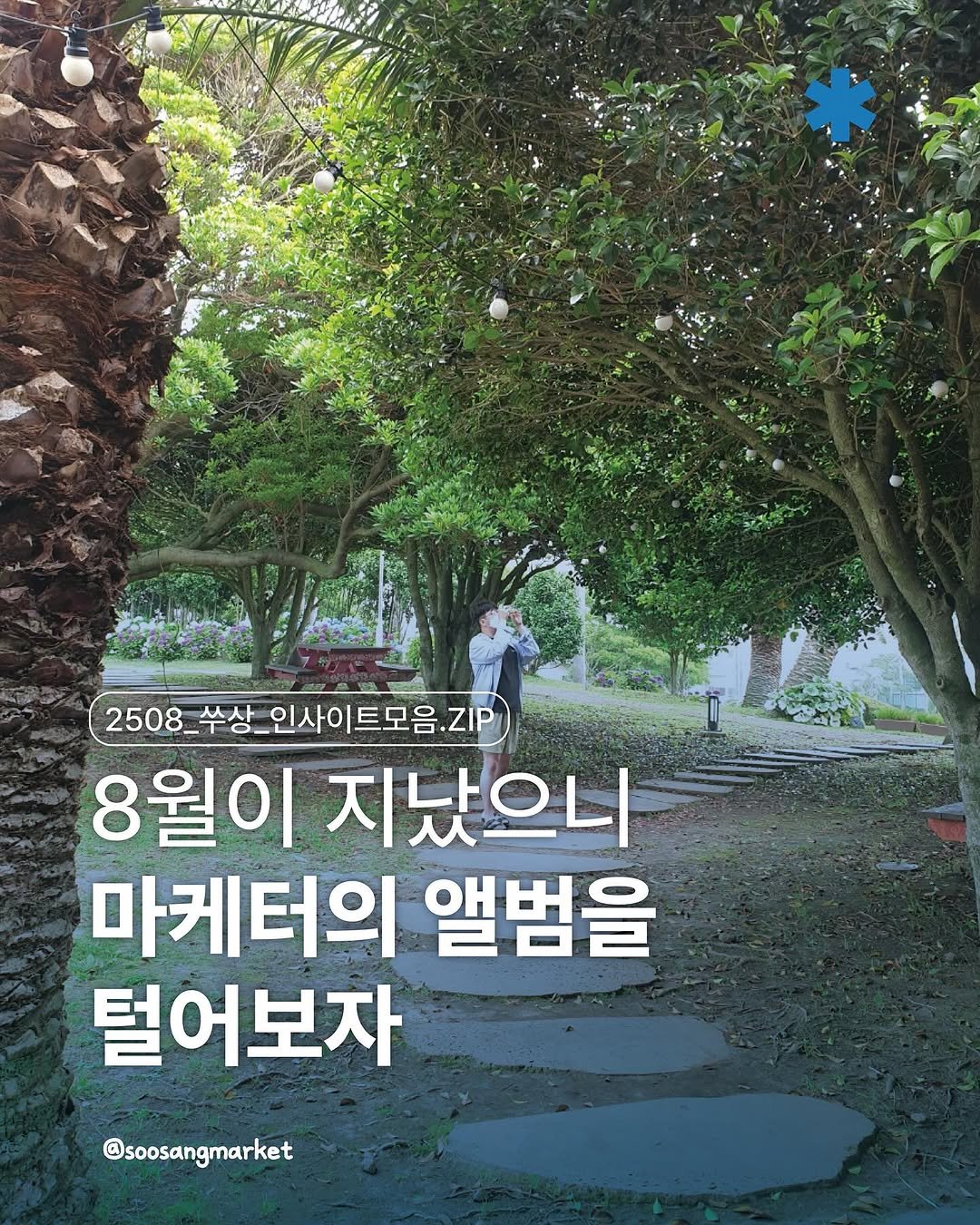 Photo by 신입 마케터 쑤상 | 마케팅•인사이트 on September 02, 2025. May be an image of 1 person, book, outdoors and text that says '2508 2508_수상_인사이트모음.ZIP ZIP 인사이, 8월이 지났으니 마케터의 앨범을 털어보자 @soosangmarket'.
