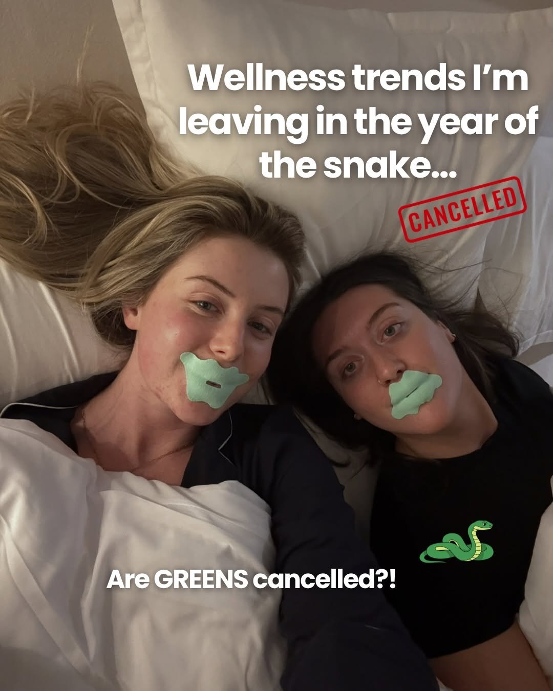 Photo shared by Sophie Richards on February 17, 2026 tagging @sophie.richards, and @em.powered.yoga. May be a meme of ‎snake and ‎text that says '‎Wellness trends I'm leaving in the year of the snake... CANCELLED که AreGREENScancelled?! Are GREENS cancelled?!‎'‎‎.