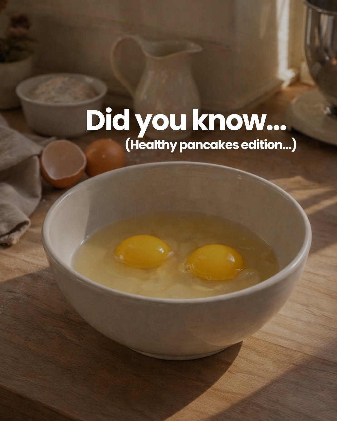 Photo shared by Sophie Richards on February 16, 2026 tagging @sophie.richards. May be an image of egg yolk, pancake, hollandaise, pancakes, kitchenware and text that says 'Did you know... (Healthy pancakes edition...)'.