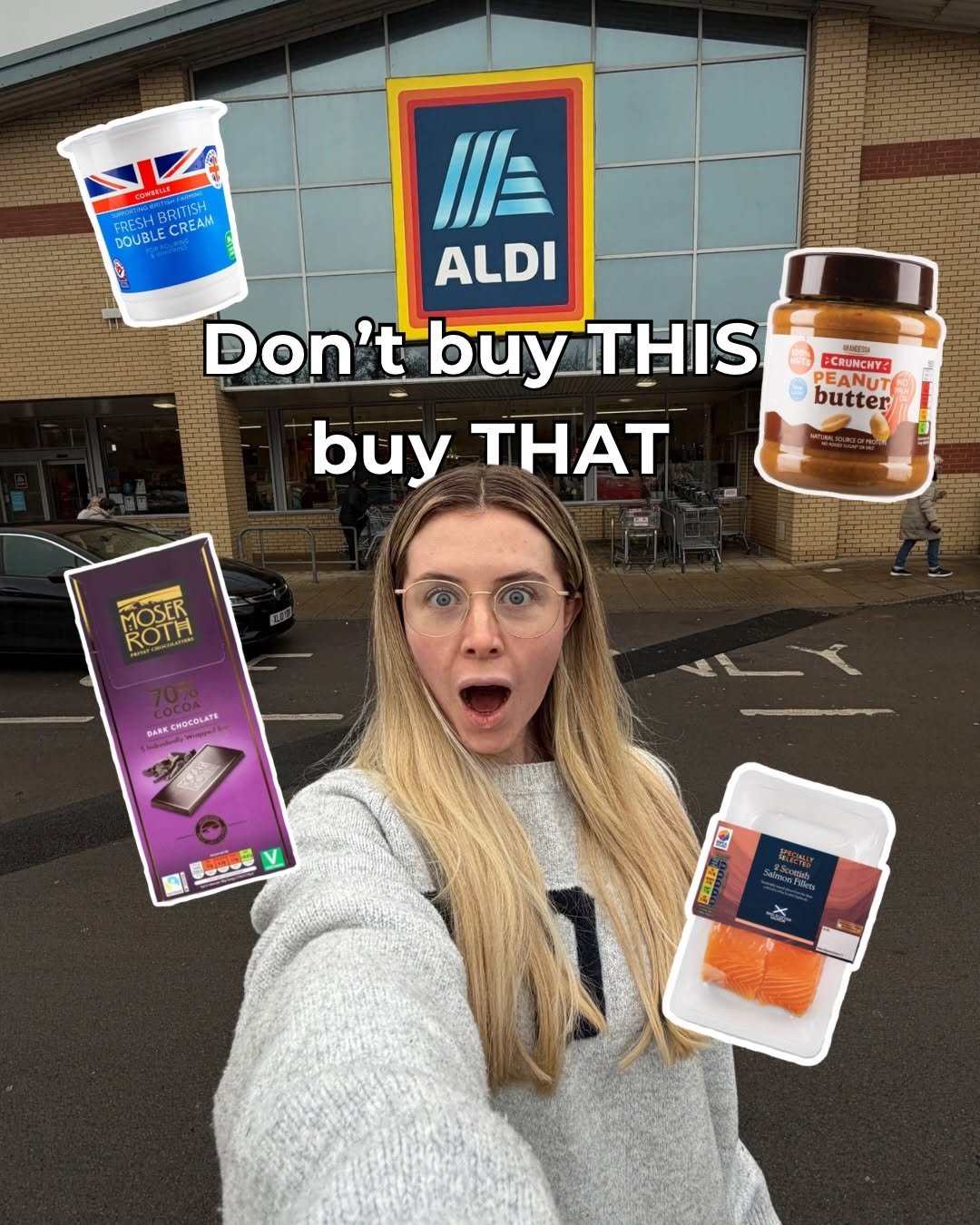 Photo shared by Sophie Richards on November 27, 2025 tagging @sophie.richards. May be an image of ‎sauce and ‎text that says '‎t FRESH DOUBLE کل FRESHBRTISH FRESHBRITISH BRITISH CREAM IE ALDI Don't buy THIS buy THAT ท CRUNCHY PEANUT Buer PEANUT butter MOSER BOStR ROTH DARK CHOCOLATE ままま 20 温式队 O SalouAoon X‎'‎‎.