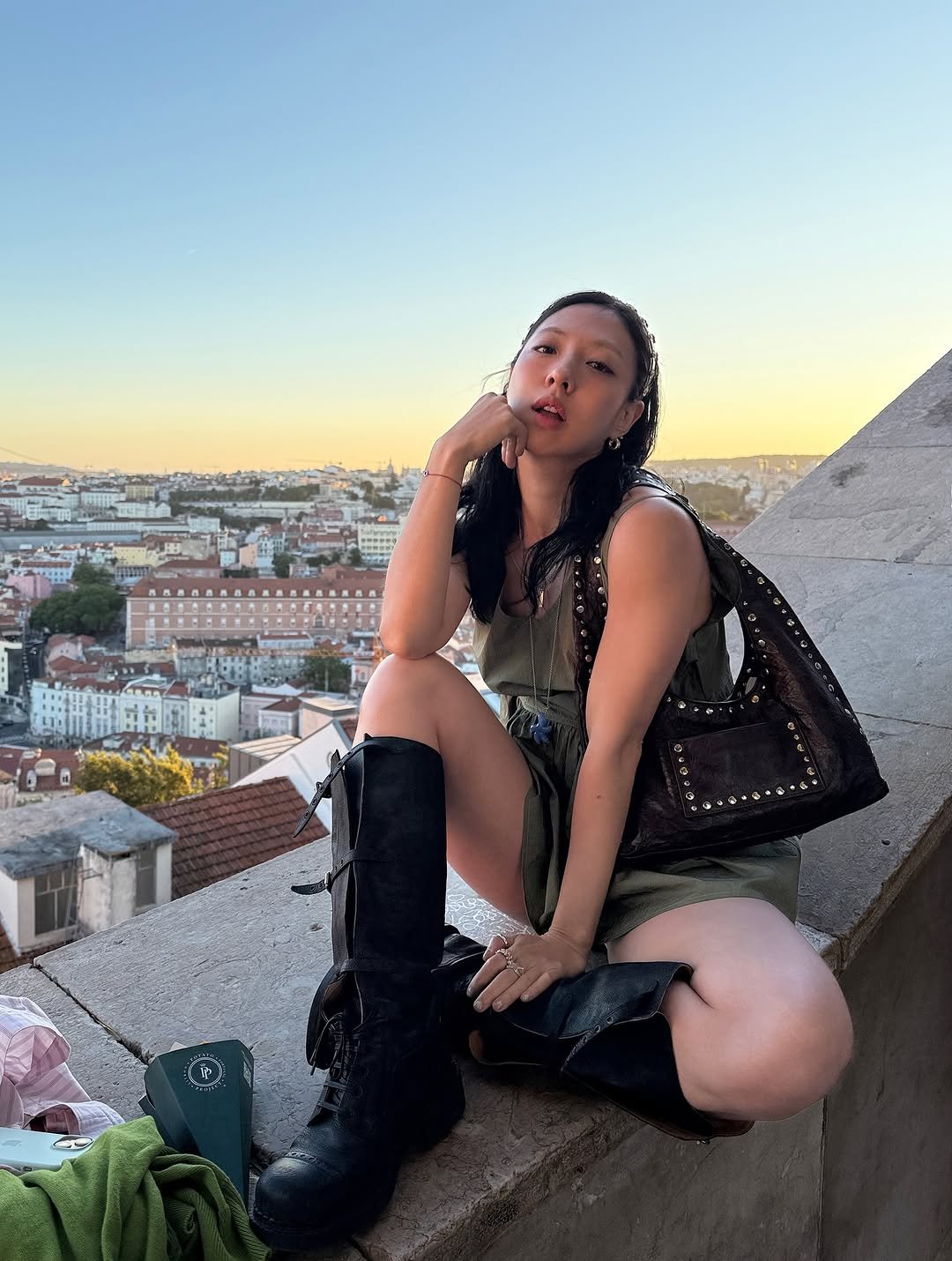 Photo shared by soso🫧 Kim dayoung on July 26, 2025 tagging @gimaguas. May be an image of 1 person, braids, fire escape, boots and text.