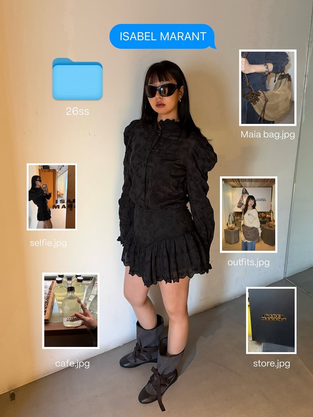 Photo shared by soso🫧 Kim dayoung on January 27, 2026 tagging @isabelmarant. May be an image of boots, turtleneck, miniskirt, dress and text that says 'ISABELMARANT ISABEL MARANT 26ss Maia Maiabag.jpg bag.jpg NIE selfie.jpg outfits.jpg อนนส cafe.jpg store.jpg jpg'.