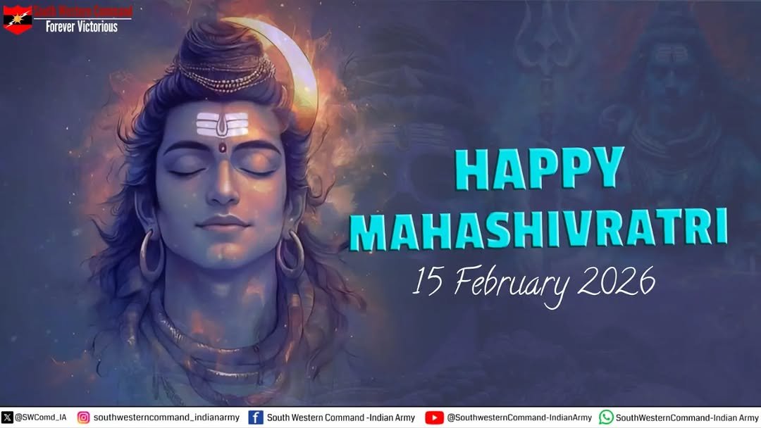 Photo by SouthWesternCommand-IA on February 14, 2026. May be an image of card, poster, temple and text that says 'Forever Victorious HAPPy MAHASHIVRATRI 15 February 2026 X @SWComd_l IA @ southwesterncommand_indianarmy f South Western Command Indian -IndianArmy Army @SouthwesternCommand-ndianArmy SouthWestenCommand-IndianAry'.