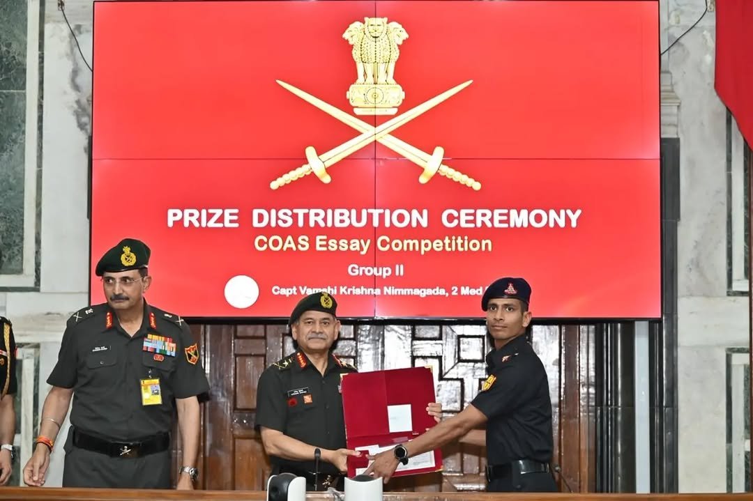 Photo by SouthWesternCommand-IA on April 24, 2026. May be an image of military uniform and text that says '文 PRIZE DISTRIBUTION CEREMONY COAS COASEssayCompetition Essay Competition Group Ⅱ Capt Vamshi Krishna Nimmagada, 2 Med'.