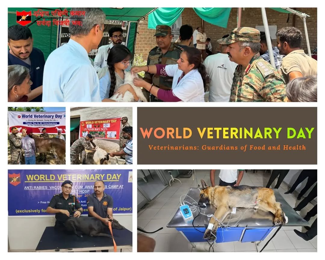 Photo by SouthWesternCommand-IA on April 25, 2026. May be an image of slow loris, calf, petfood, hospital and text that says 'दक्षिण पश्चिमी कमान सबंदा विजयी भव: 電野CAHE RY WorldVeterinaryDay World Veterinary Day .9 IRLD VETERINARY DAY HA WORLD VETERINARY DAY Veterinarians: Guardians of Food and Health WORLD VETERINARY DAY ANTI ANTIRABIES VACCII CUM AWAP HOSP S CAMPA AT PraoH (exclusively fo of Jaipur)'.