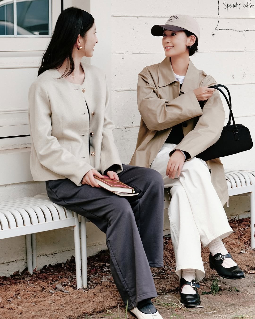 Photo by 스파오 on September 29, 2025. May be an image of one or more people, duffle coat, wingtip shoes, overcoat, beret, military uniform and text.