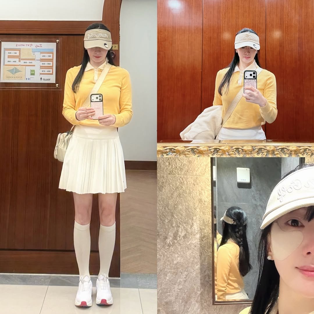 Photo by emilykim0415 on March 22, 2026. May be a selfie of golf, hat, miniskirt, beret, turtleneck, top and text.