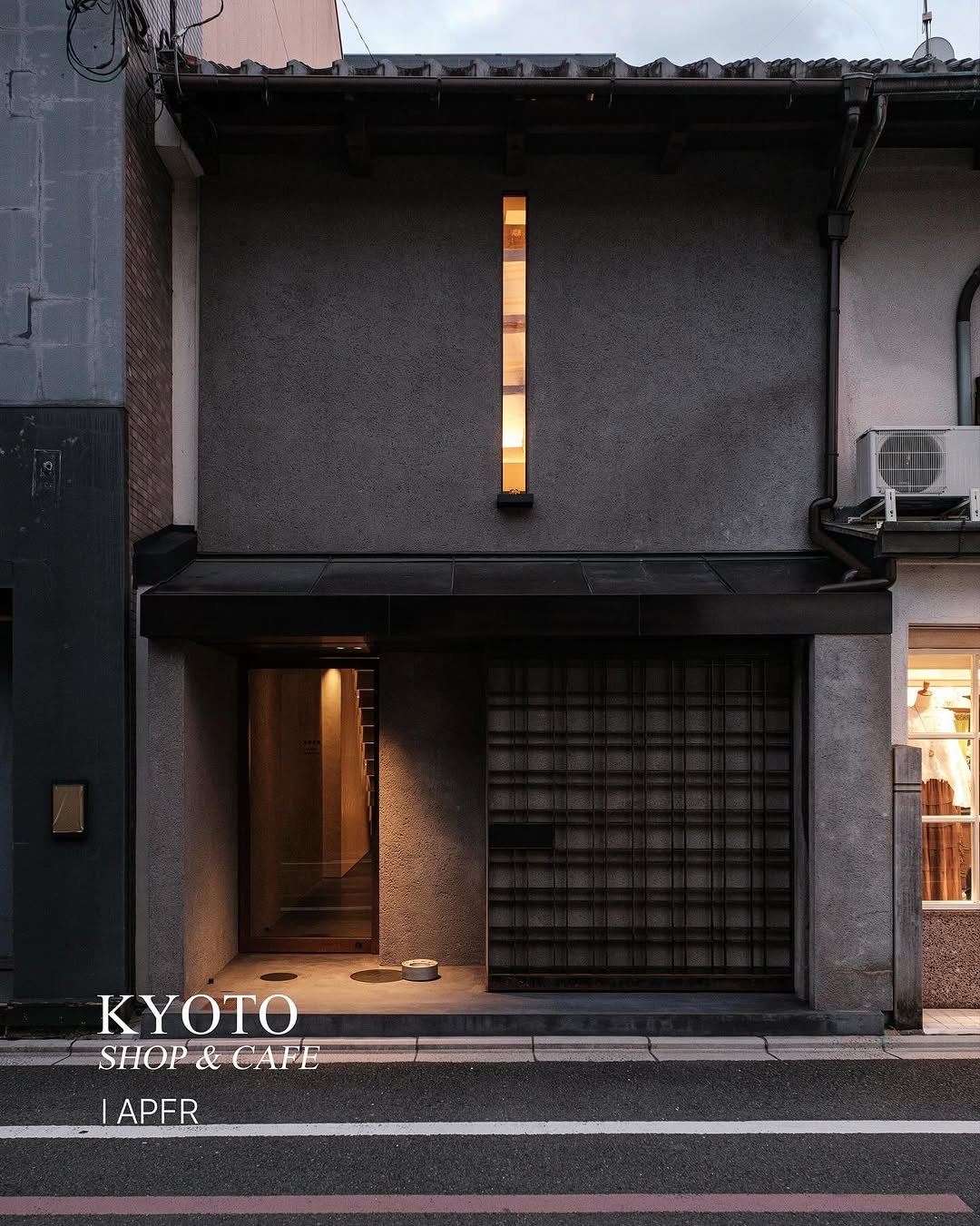 Photo shared by 스팟에디터 | 카페•스테이•디자인 스팟 on September 23, 2025 tagging @apfr_official. May be an image of door, buildings and text that says 'KyOT SHOP&CAFE SHOP & CAFE 早 APFR'.