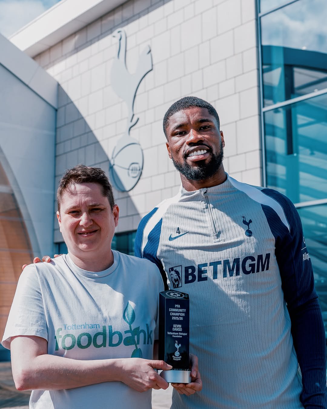 Photo shared by Tottenham Hotspur on April 28, 2026 tagging @the_pfa, @kevin.danso, @tottfoodbank, and @spursfoundation. May be an image of soccer and text.