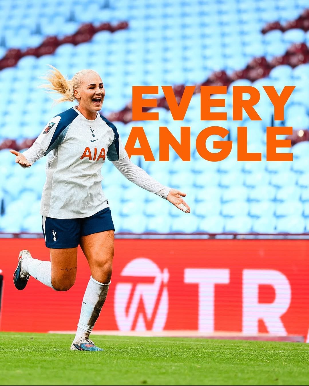 Photo shared by Tottenham Hotspur Women on February 17, 2026 tagging @barclayswsl, @spursofficial, and @cathinkatandberg. May be an image of football, soccer, sports equipment, stadium and text that says 'AIA EVERY ANGLE IWTR'.