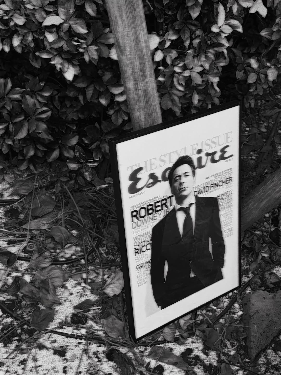 Photo shared by 세림 SERIM on October 16, 2025 tagging @esquire.korea. May be a black-and-white image of suit, magazine, newspaper, book, picture frame, poster and text.