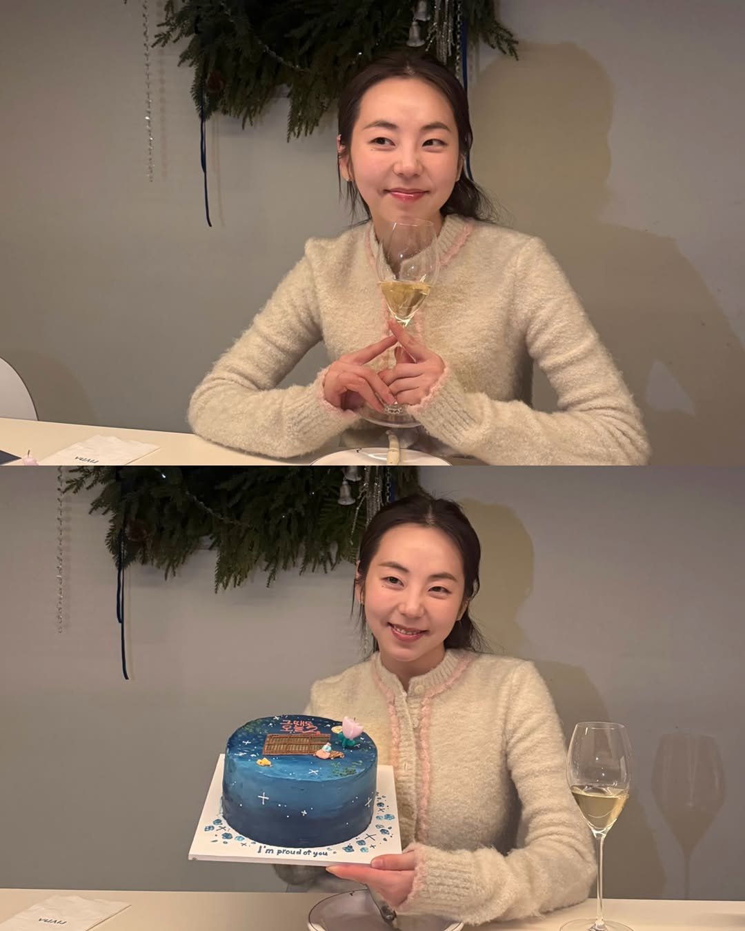 Photo by 안소희 on February 25, 2026. May be an image of chocolate cake, fruitcake, candle, turtleneck and text.