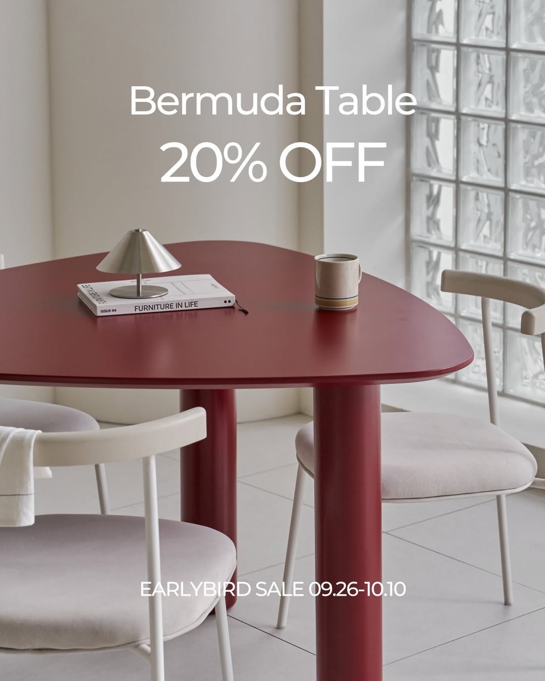Photo by 🛋️ 썸앤데코 OFFICIAL on September 25, 2025. May be an image of table, dining table and text that says 'Bermuda ermudaTable Table 20% 20%OFF OFF KAEM FURNITUREINLIFE FURNITUREINLIFE INLIFE EARLYBIRD SALE 09.26-10.10 EARLYBIRDSALE09.26-10.10 09.2'.