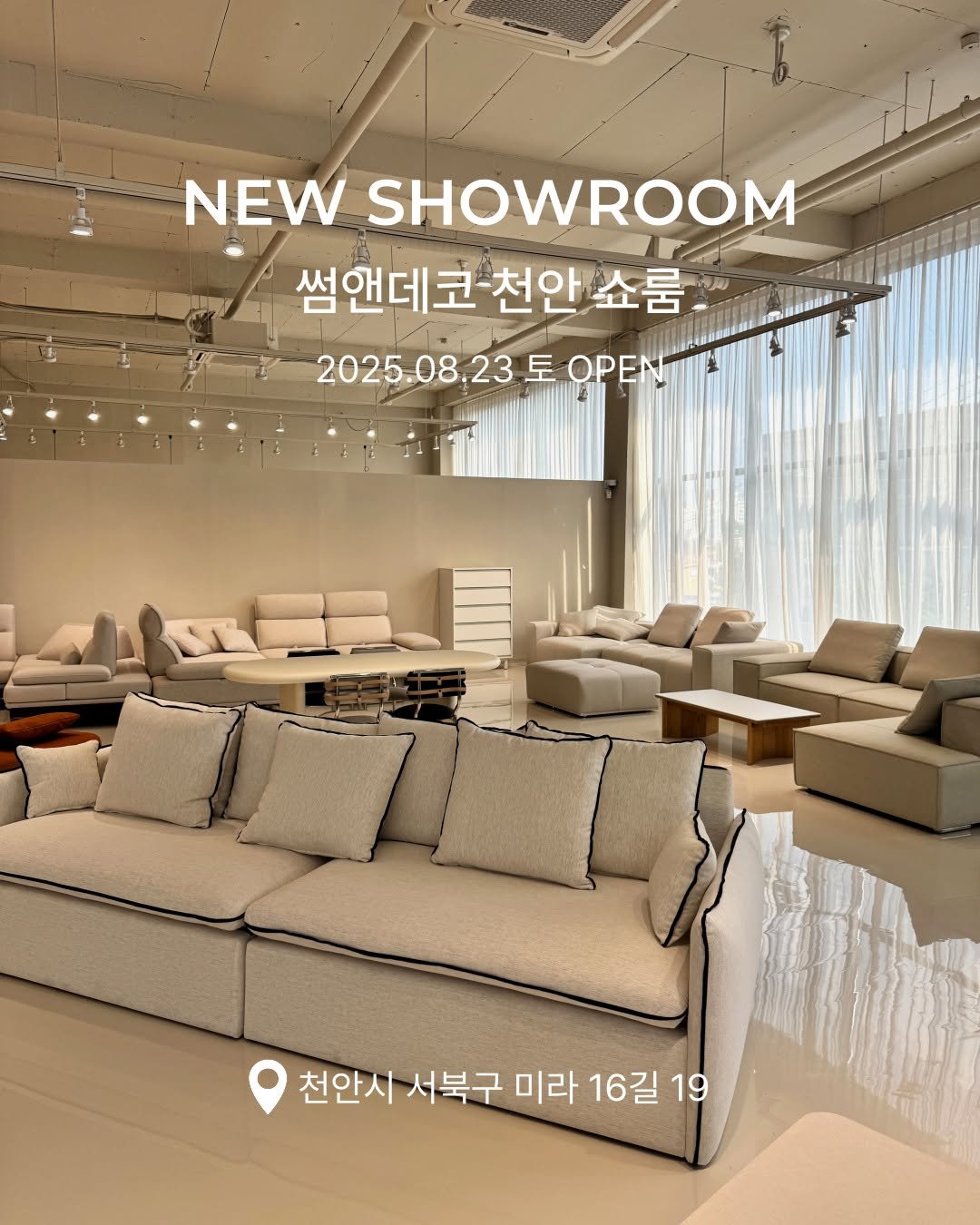 Photo by 🛋️ 썸앤데코 OFFICIAL on August 21, 2025. May be an image of sofa, chaise lounge, indoors and text that says 'NEW SHOWROOM 썸앤데코-천안쇼룸.. 肉 썸앤데코 천안 천안쇼룸 2025.08.23 2025.08.23OPEN 23 토 OPE 천안시 서북구 미라 16길 19'.