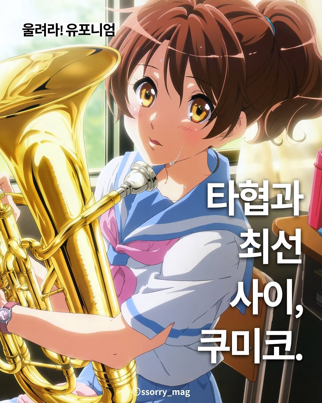 Photo by 쏘리 매거진 | 애니와 칼럼 on August 07, 2025. May be a cartoon of trumpet, clarinet, saxophone, horn, poster and text that says '울려라! 유포니엄 타협과 최선 사이, 사이, 쿠미코. ssorry_mag'.
