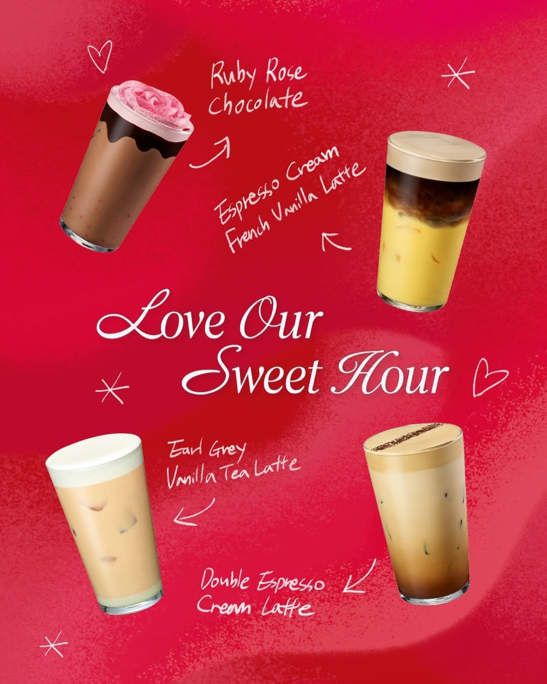 Photo by 스타벅스 코리아 on February 02, 2026. May be a doodle of ‎heart, cappuccino, caramel and ‎text that says '‎Ruby Rose chocolate ر Cream Latte Espresso FrenchVanilla r. Epieto Vanilla Unmila French Love Our Sweet Hour B Earl Grey Vanilla Tea Latte Double Espresto CreamLatte Crean Latte‎'‎‎.