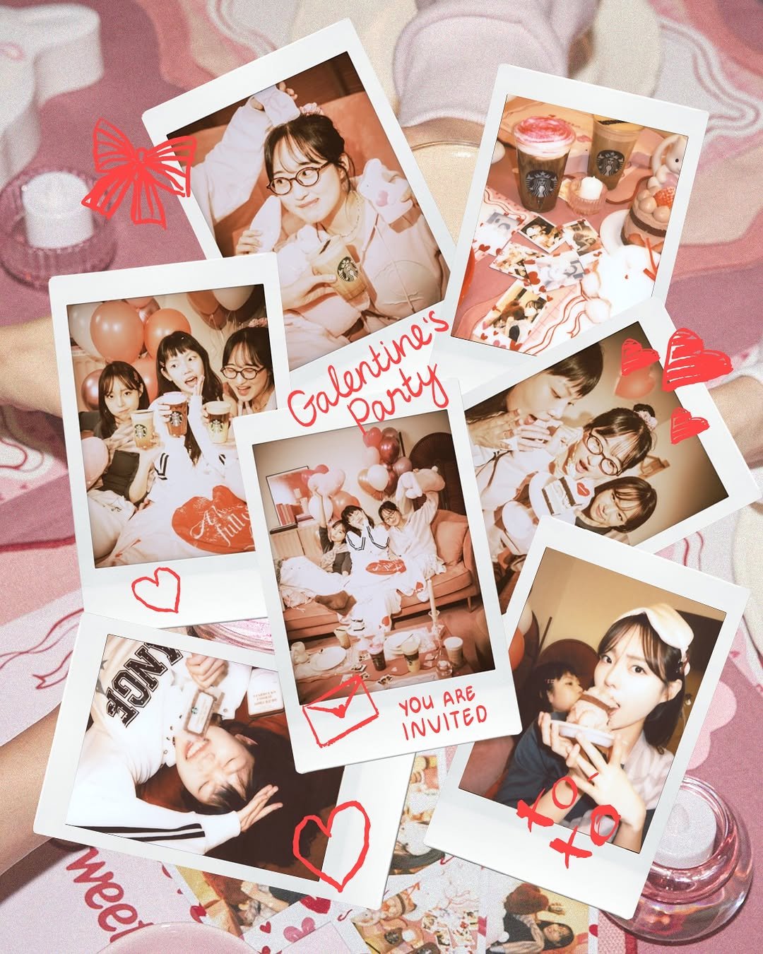 Photo by 스타벅스 코리아 on February 12, 2026. May be an image of people kissing, polaroid, heart and text that says '.ិន 公 Calontines Galentine's Party SM you YOUARE ARE INVITED a XO'.