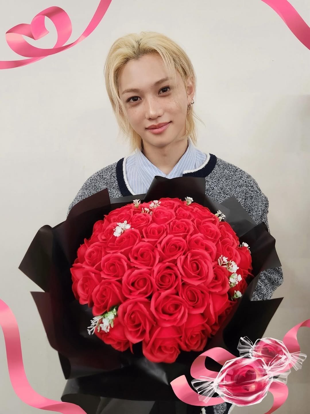 Photo shared by Stray Kids JAPAN OFFICIAL(JYP) on March 14, 2026 tagging @realstraykids. May be an image of bouquet, prairie gentian, baby's-breath, rose and text.