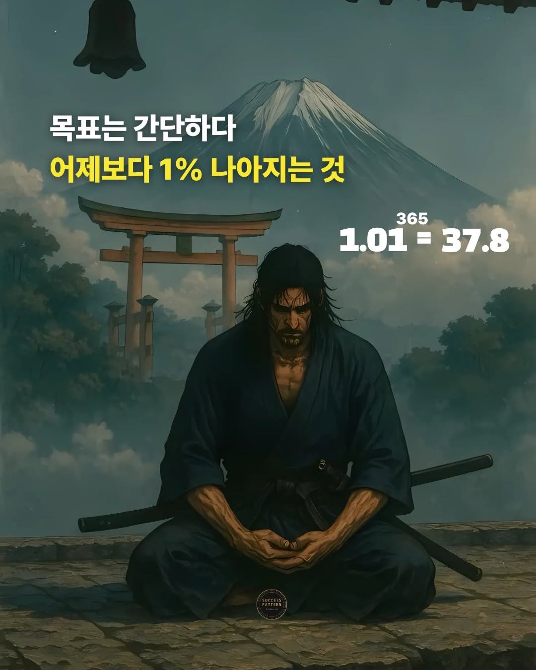 Photo by 성공패턴 | 자기계발 • 동기부여 • 성공 코치 on September 09, 2025. May be an image of 1 person and text that says '목표는 간단하다 어제보다 1% 나아지는 것 365 1.01=37.8 = 37.8 1.01'.
