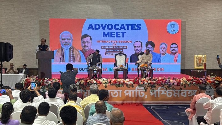 Photo by Dr Sudhanshu Trivedi on April 26, 2026. May be an image of ‎dais and ‎text that says '‎עמז BJP ADVOCATES MEET INTERACTIVE INTERACTIVESESSION SESSION CURRENT POLITICAL SITUATIONIN IN WEST BEVA OUT SAI DIN তা পারটি, পশ্চি শ্চিমবঙ্ মবঙ্গ‎'‎‎.