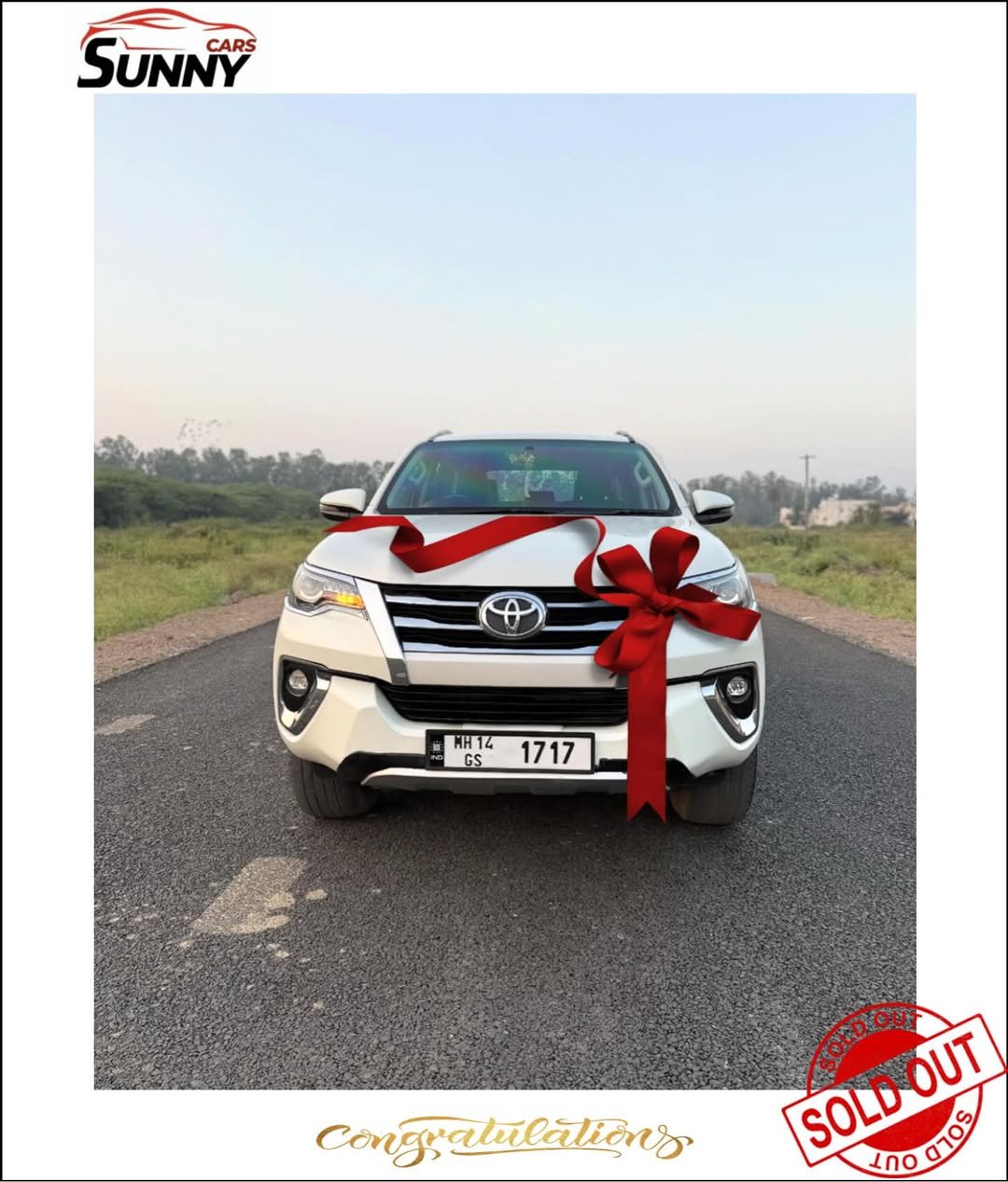 Photo by Sunny Car in Baramati City. May be an image of car, windshield, wheel, road and text that says 'SUNNY CARS HH14 開41717 HH14 GS 1717 congratulations SOLDOUT ಸಂಯಾರ SOLDOUT LDOUT OUT SOLD 100 OTOS 0109'.