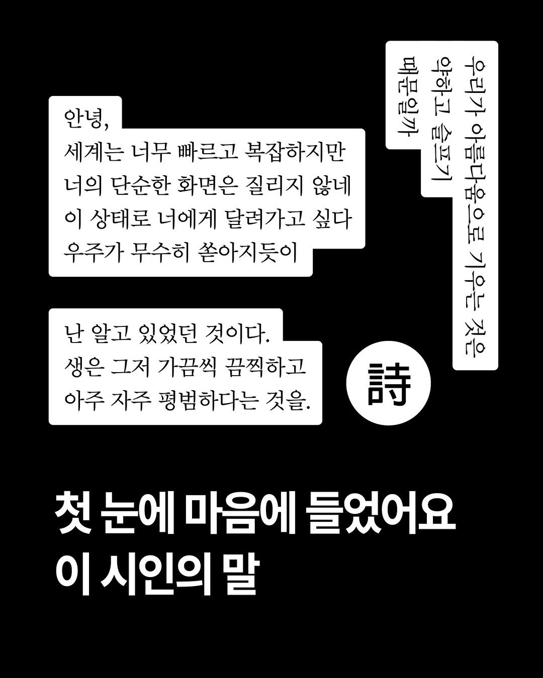 Photo by 써니사이드북 on January 17, 2026. May be an image of text that says '안녕, 女 金人し全 保 아하 가아름다움으로기우는 기우는 허스아 세계는 너무 빠르고 복잡하지만 너의 단순한 화면은 질리지 않네 슬프기 이 상태로 너에게 달려가고 싶다 아름다움으로 우주가 무수히 쏟아지듯이 것은 六 것 詩 난 알고 있었던 것이다. 생은 그저 가끔씩 끔찍하고 아주 자주 평범하다는 것을. 첫 눈에 마음에 들었어요 이 시인의 말'.