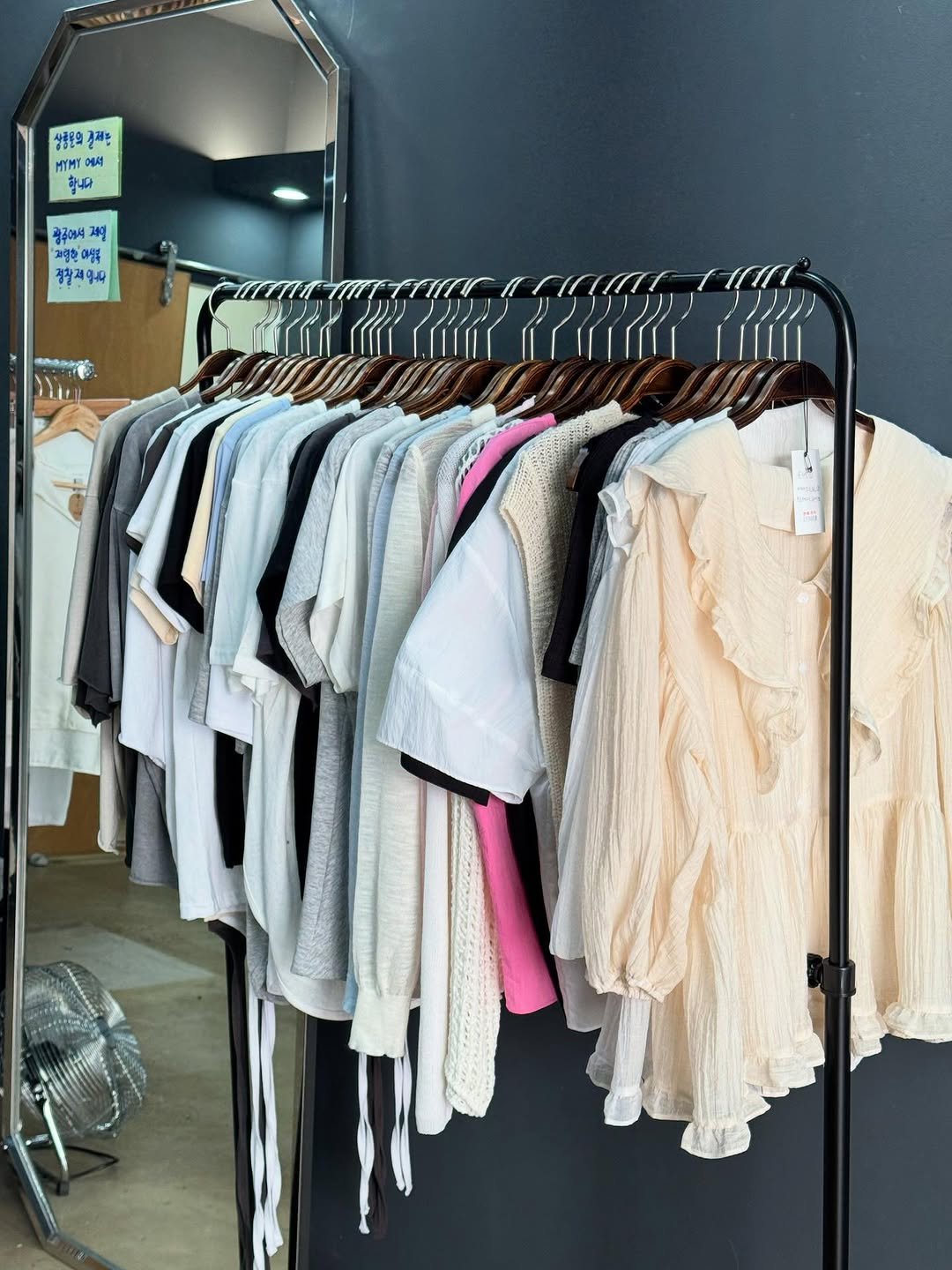 Photo shared by 김지선 on June 23, 2025 tagging @mymyhomme. May be an image of clothes hanger, rack, coat rack and text.
