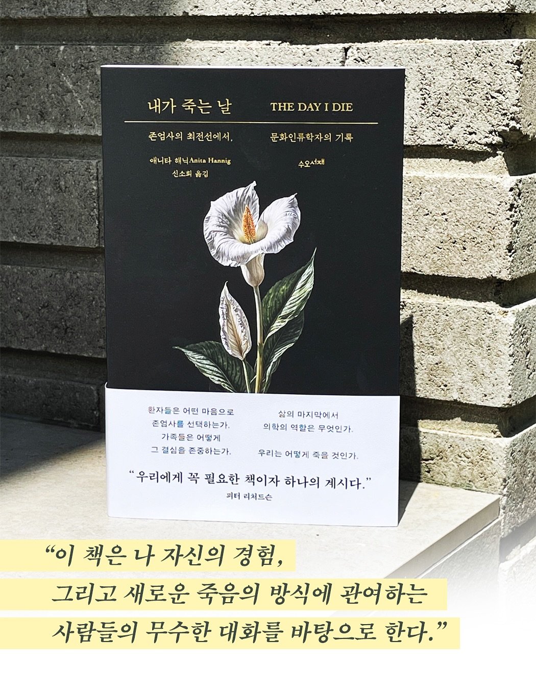 Photo by 도서출판 수오서재 on August 07, 2025. May be an image of book, poster, white lily, baby's-breath, lily and text that says '내가 죽는날 THE DAY THEDAYIDIE I I DIE 존업사의 존업사의회전선에서, 최전선에서. 애니다해니.이&Hunnig 해닉. Anita Hannig 애니타 신소희 옮길 문화인류학자의 기록 수요서재 환자들은 어떤 마음으로 존업사를선택하는가. 업사를 선택하는가. 가족들은 그 결심을 존중하는가. 삶의 마지막에서 의학의 역할은 의학의역할은 무엇인가, 우리는 어떻게 죽을 것인가. "우리에게 꼭 필요한 책이자 하나의 계시다." 피터 리쳐드슨 "이 책은 나 자신의 경험, 그리고 새로운 죽음의 방식에 관여 관여하는 하는 사람들의 무수한 대화를 바탕으로 한다."'.