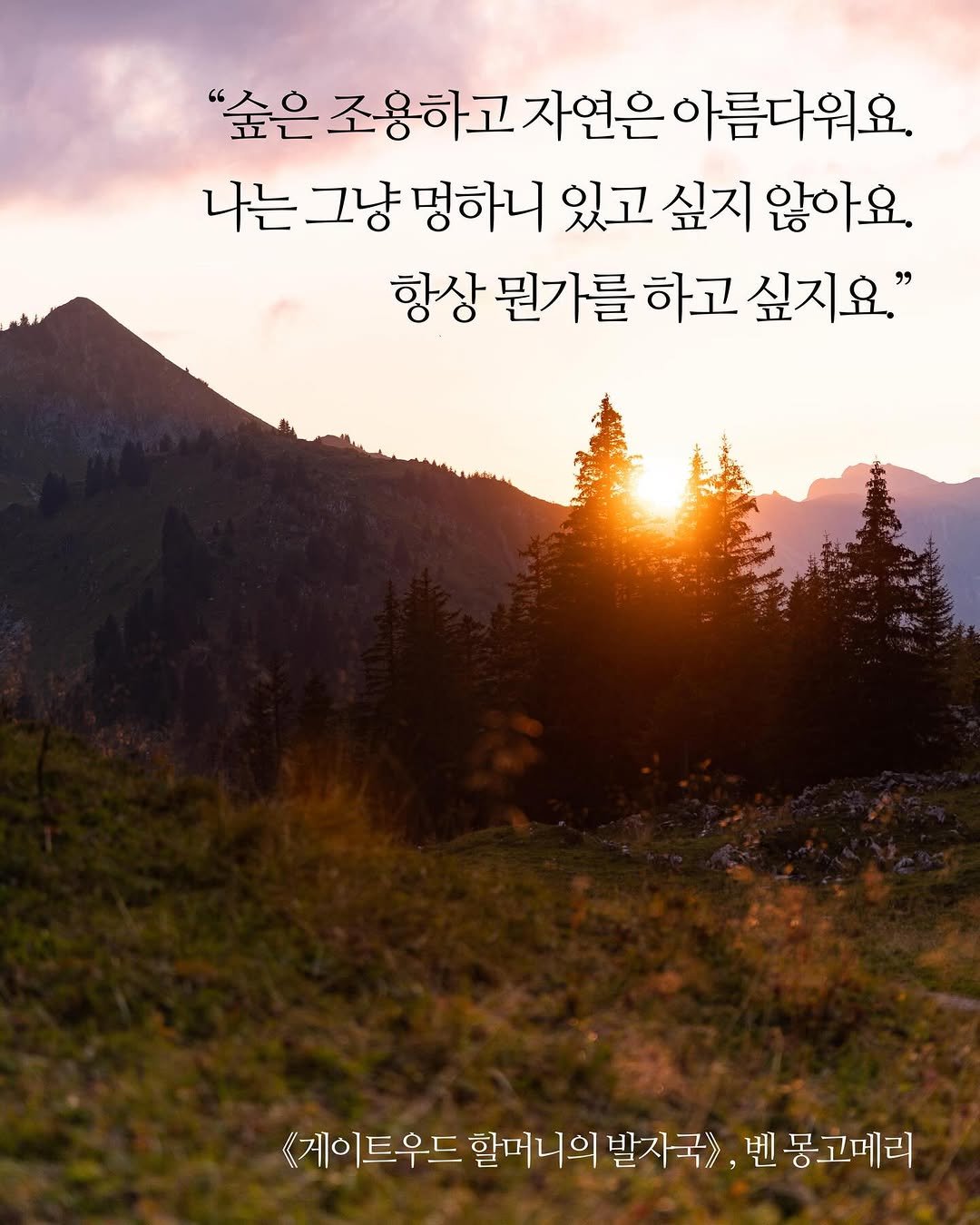 Photo by 도서출판 수오서재 on April 07, 2026. May be an image of poster, outdoors and text that says '"숲은 조용하고 자연은 아름다워요. 나는 그냥 멍하니 있고 싶지 않아요. 항상 뭔가를 하고 싶지요." <게이트우드 할머니의 발자국>, 벤 벤공고메리'.