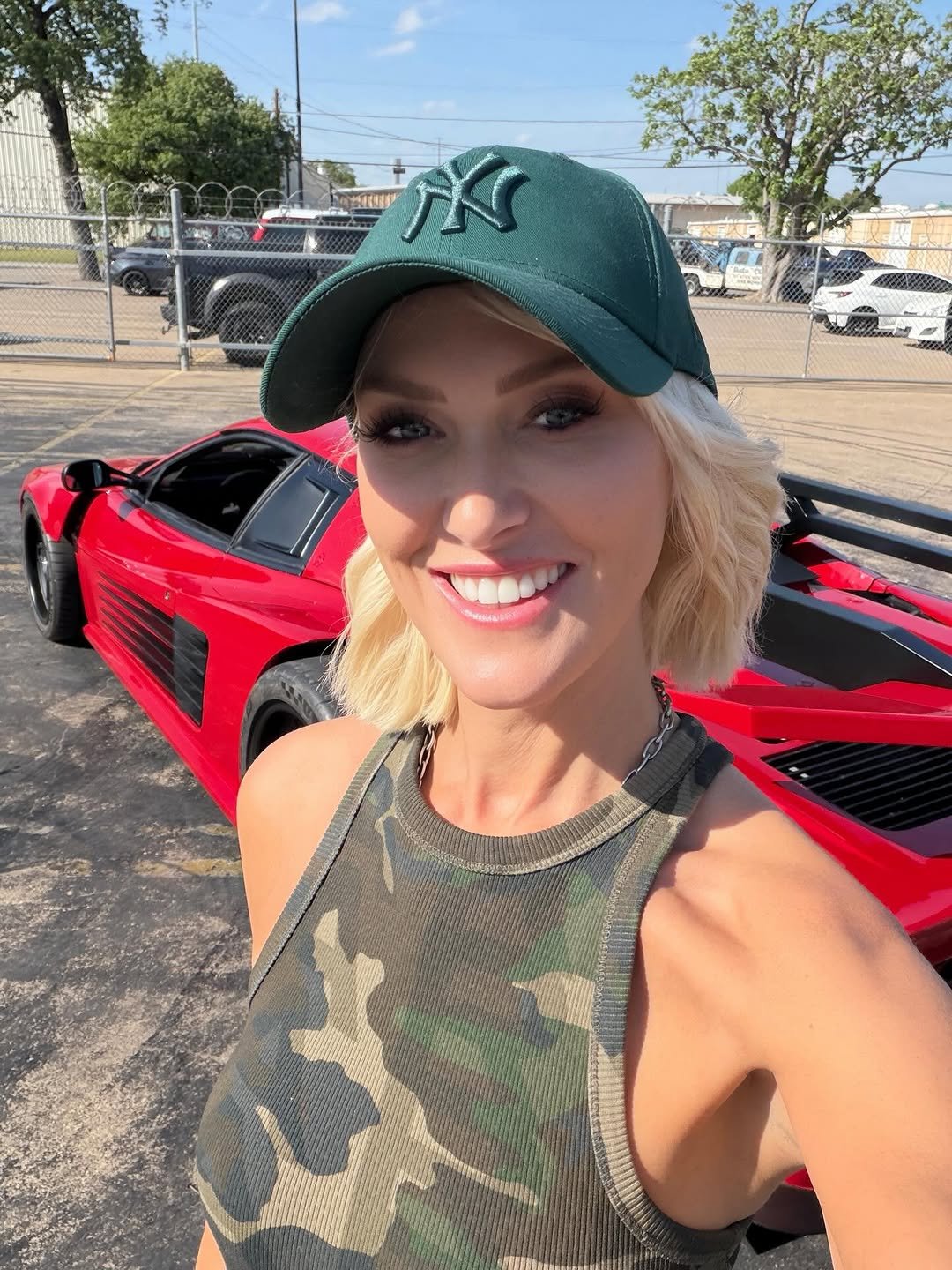 Photo shared by Supercar Blondie on April 14, 2026 tagging @gasmonkeygarage. May be a selfie of hat, car, wheel and text.