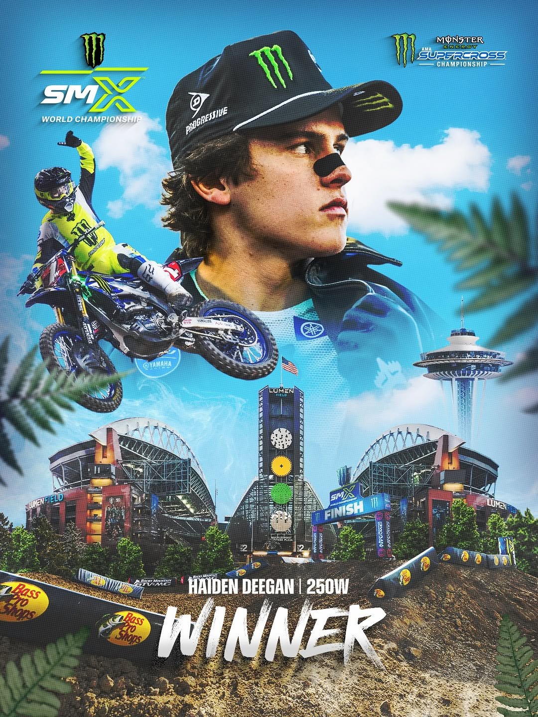 Photo by Supercross LIVE! in Lumen Field with @monsterenergy, @dangerboydeegan, @yamahamotorusa, @blucruofficial, and @supermotocross. May be an image of racing vehicles, dirt bike, poster and text that says 'Tη SMX WORLD WORLDCHAMPIONSHIP DCHAMPIONSHIE MONSTER SUPEREROSS CHAMPIONSHIP m ABROBEATIME ABADREISIVE @YAMAHA SMA FINISH 2 LuMaI Bass HAIDEN HAIDENDEEGAN|250W DEEGAN 250W WINNEK'.