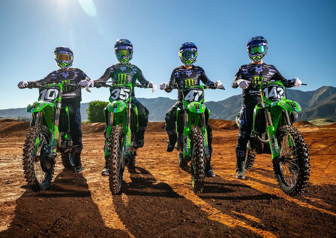 Photo shared by Kawasaki Racing on January 07, 2026 tagging @pcraceteam, @supercrosslive, and @supermotocross. May be an image of racing vehicles, dirt bike, motorcycle and text.