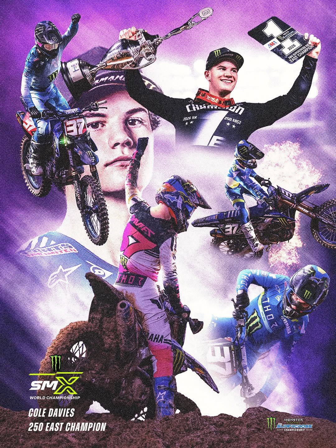 Photo shared by Supercross LIVE! on April 26, 2026 tagging @monsterenergy, @yamahamotorusa, @cole17davies, @blucruofficial, and @supermotocross. May be an image of racing vehicles, dirt bike, motorcycle, poster, helmet, lego, scooter and text.