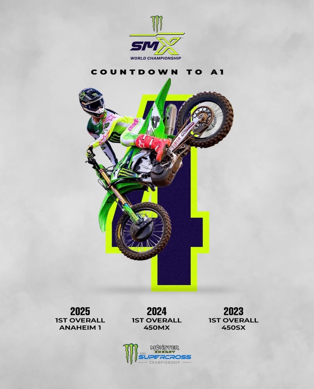 Photo by Supercross LIVE! in Angel Stadium with @chasesexton, and @supermotocross. May be an image of racing vehicles, dirt bike, motorcycle, poster and text that says 'm SMX WORLDCHAMPIONSHIP WORLD CHAMPIONSHIP COUNTDOWN to TOA A1 DXD 2025 1ST OVERALL ANAHEIM1 1 2024 1ST OVERALL 450MX 2023 1ST OVERALL 450SX MONSTER 3E2C2055 SUPERCROSS 保微政工 -CHAMPIONSHIP-'.