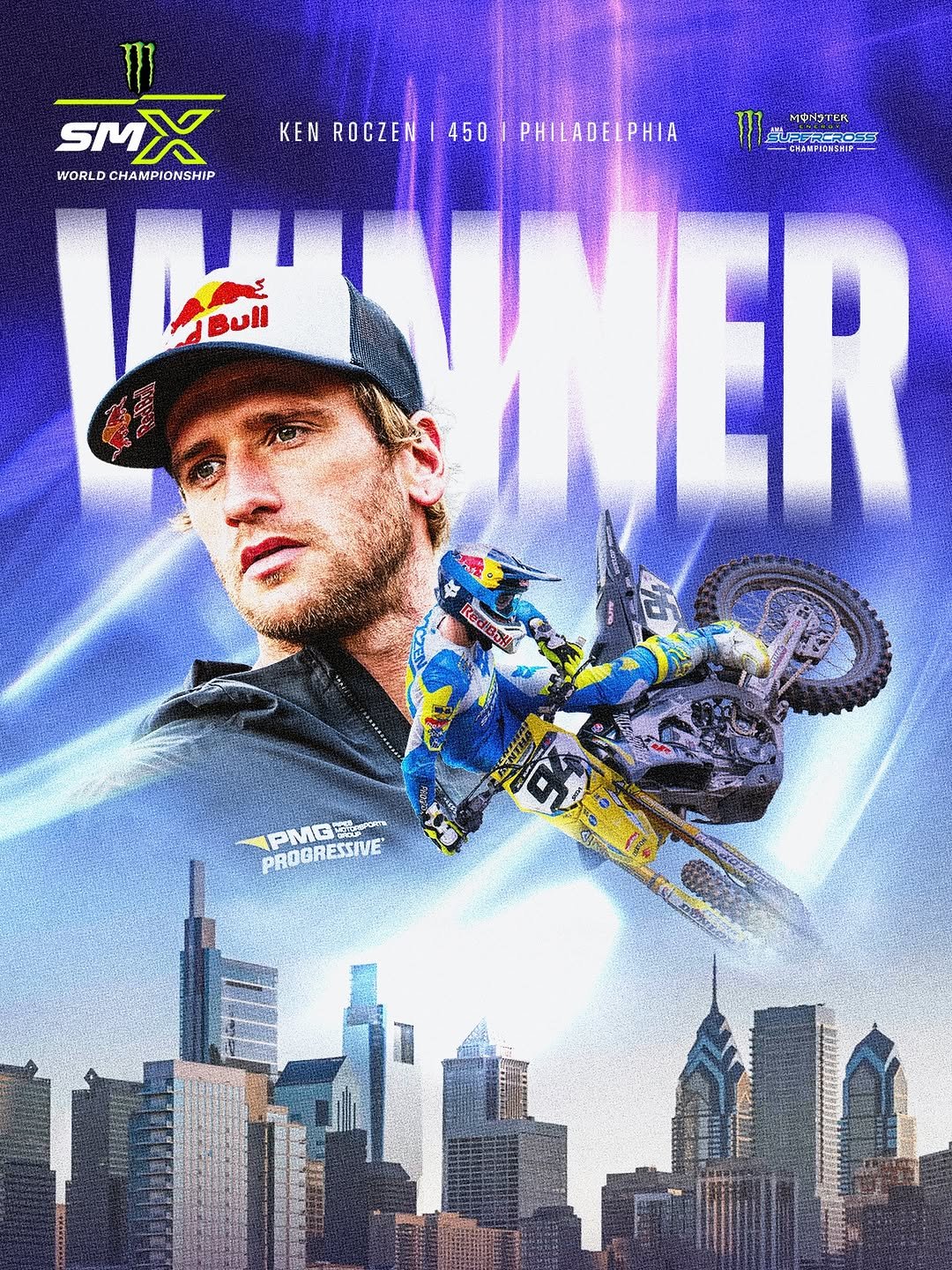 Photo by Supercross LIVE! in Lincoln Financial Field with @kenroczen94, @suzukicycles, @hepmotorsports, @supermotocross, and @pmg.racing. May be an image of racing vehicles, poster, banner and text that says 'W M t M'.