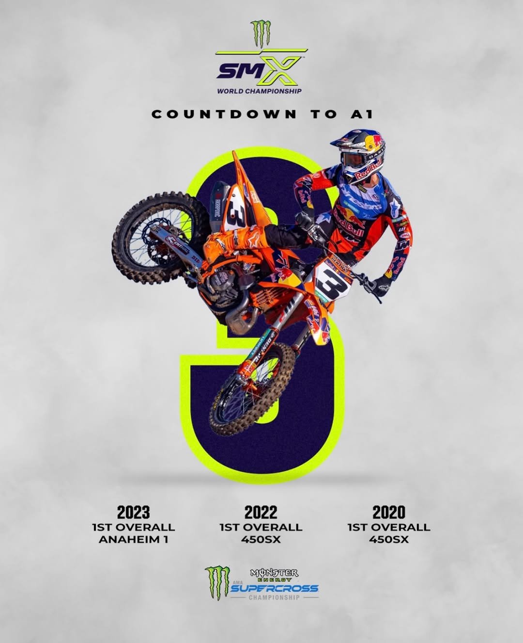 Photo shared by Supercross LIVE! on January 07, 2026 tagging @supermotocross. May be an image of racing vehicles, dirt bike, motorcycle, poster and text that says 'TI SMX WORLD CHAMPIONSHIP COUNTDOWN T to ToA A1 3 2023 1ST OVERALL ANAHEIM 1 2022 1ST OVERALL 450SX 2020 1ST OVERALL 450SX To PERCROSS MONSTER 监勿面 信味当息T CRAMPIONSHIP-'.