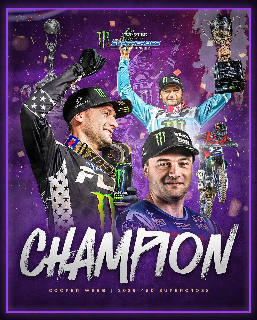 Photo shared by Supercross LIVE! on May 10, 2025 tagging @monsterenergy, @cooperwebb2, @yamahamotorusa, @blucruofficial, and @supermotocross.