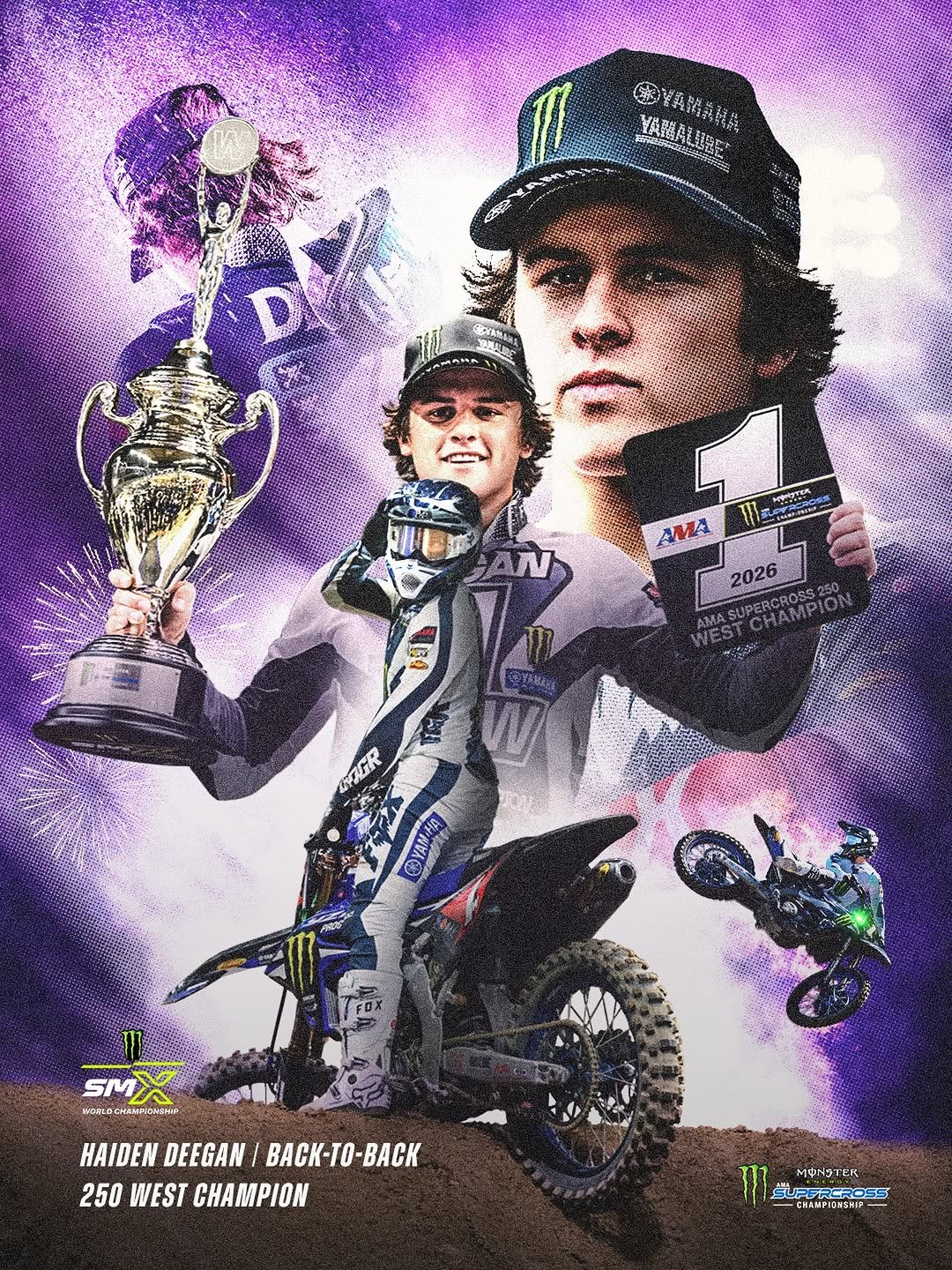 Photo shared by Supercross LIVE! on April 05, 2026 tagging @monsterenergy, @dangerboydeegan, @yamahamotorusa, @blucruofficial, and @supermotocross. May be an image of racing vehicles, dirt bike, motorcycle, lego, poster, helmet and text.