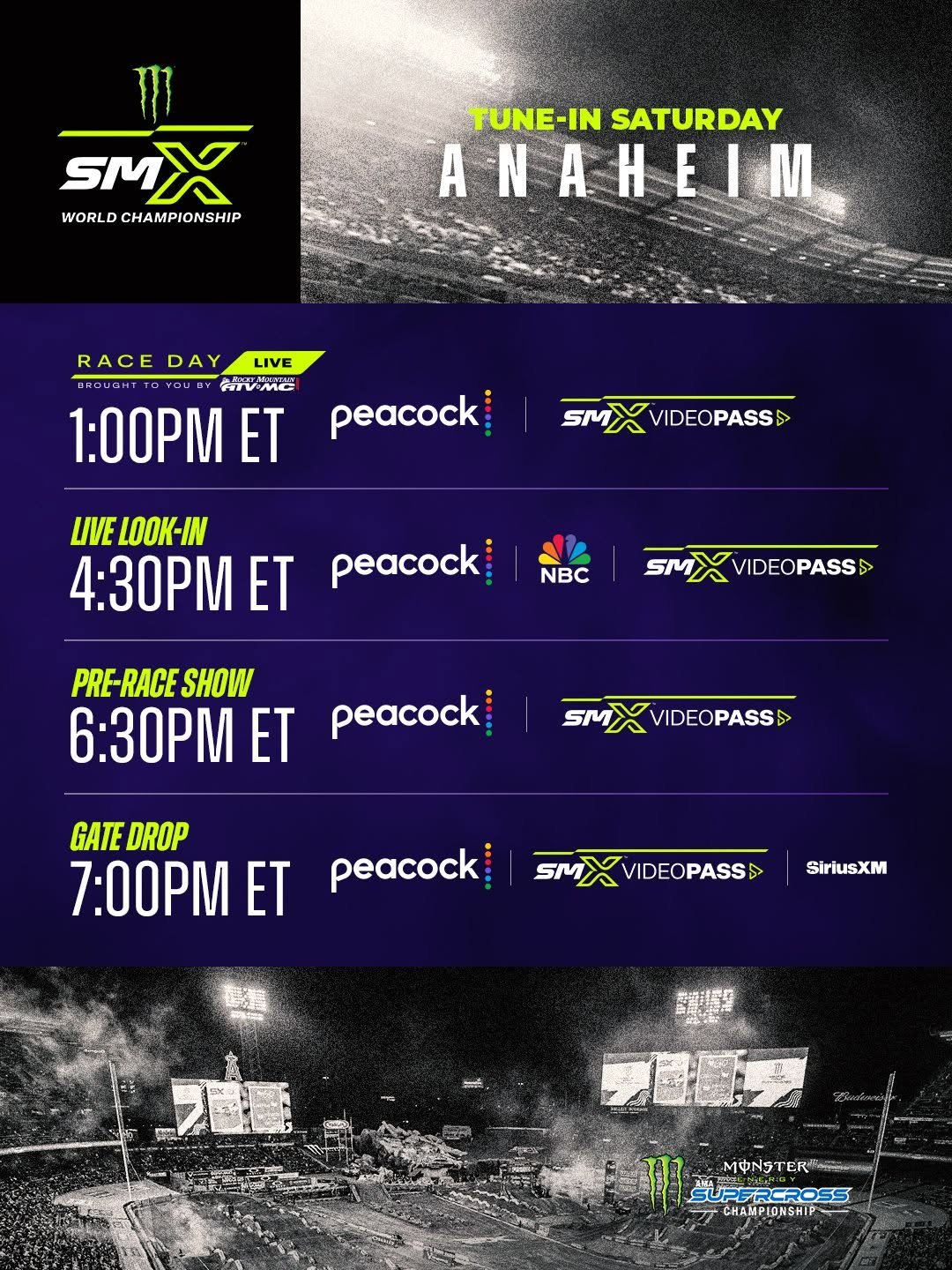 Photo shared by SuperMotocross on January 07, 2026 tagging @supercrosslive, and @feldentertainment. May be a video game screenshot of poster and text that says 'I SMX WORLD WORLDCHAMPIONSHIP CHAMPIONSHIP TUNE-IN SATURDAY ANAHEIM A RACE DAY LIVE 슈동대계관 1:00PM ET peacock 5MX VIDEOPASSS LIVE LOOK-IN :30P ET peacock NBC SMX VIDEOPASS PRE-RACE PRE SHOW 6:30 ET peacock SMX VIDEOPASS GATE DROP 7:00P ET peacock 5MX SMXVIDEOPASS VIDEOPASS SiriusXM SUPFRCROSS SUPFREROSS SS RCRO CHAMPIONSHIP'.